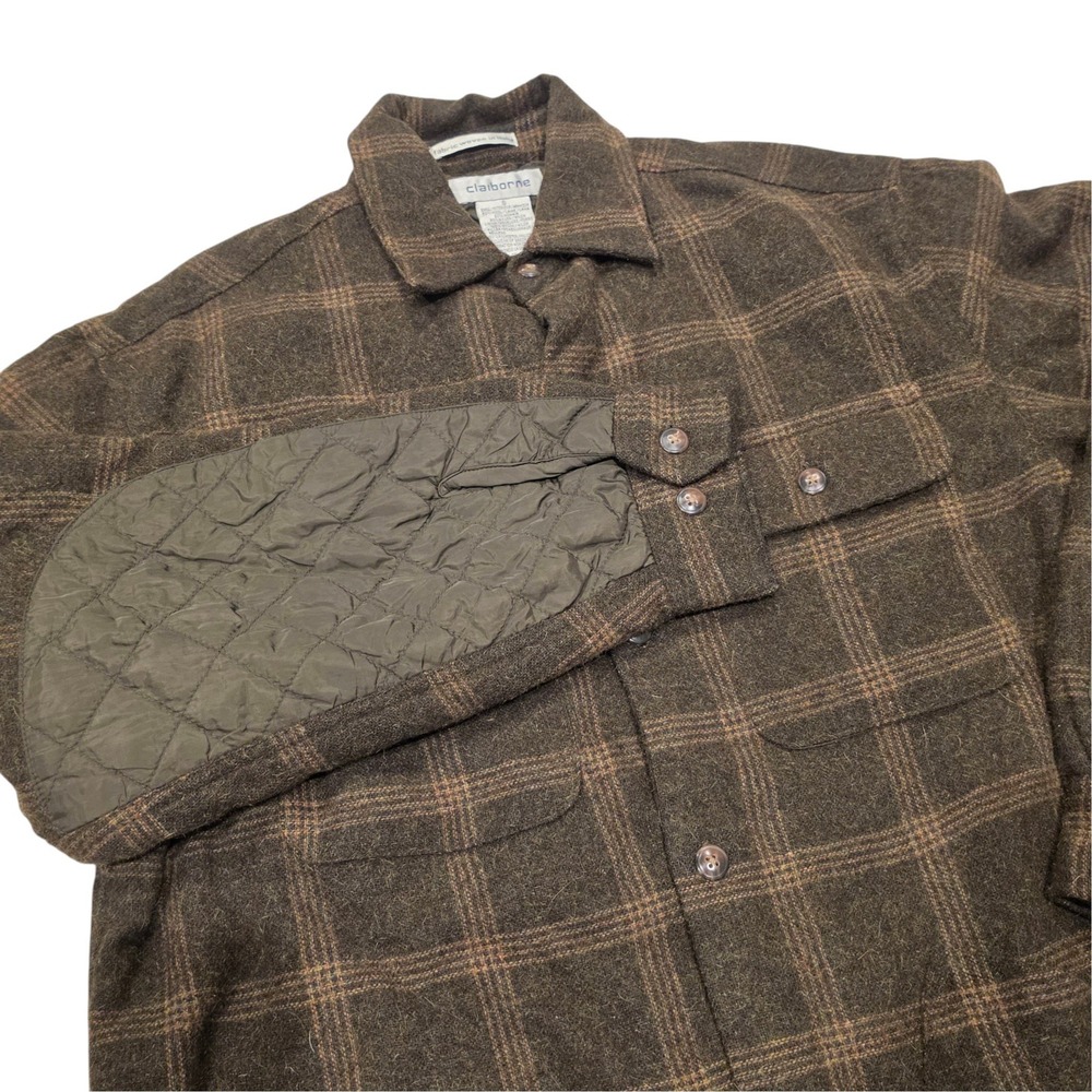 Claiborne Mens Jacket Shacket Brown Plaid Quilted Lining Wool Mohair Small